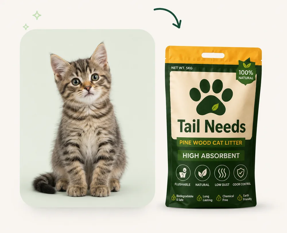 Kitten beside the Tail Needs pine wood litter bag